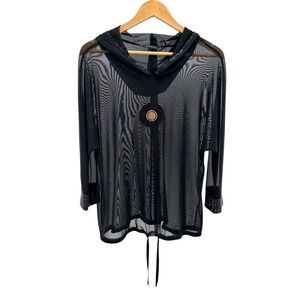 NWT Mode Tricotto Black Mesh Hooded Top Rhinestone Medallion Bling M Whimsygoth
